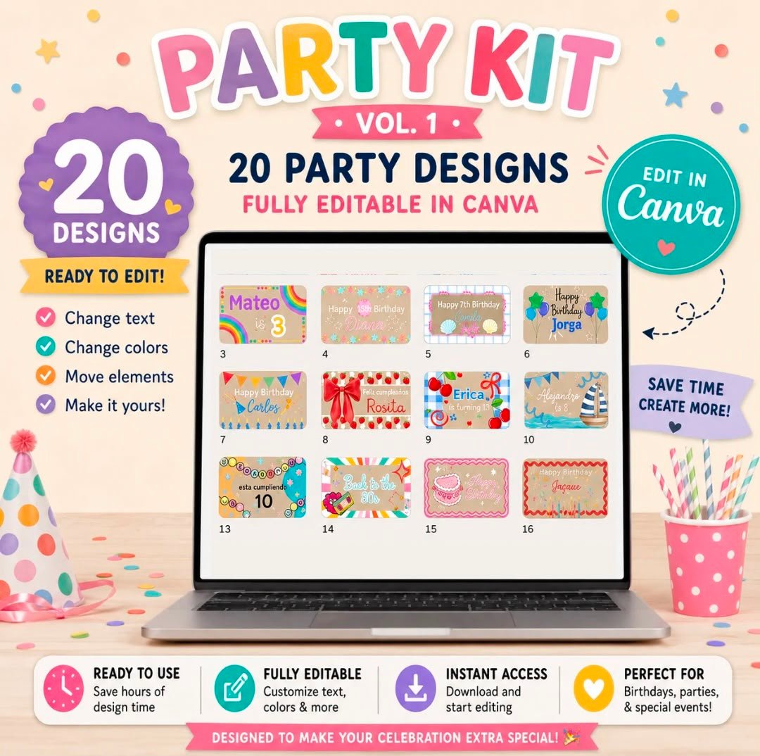 Party Kit Vol. 1 with 20 editable Canva party designs